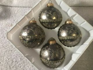 Christmas Ornaments Set Of 4 Glass Silver Ball Clear Glitter Designs Cloth Band