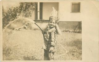 Real Photo Postcard - Boy Dressed As Indian - Water Hose - Old View