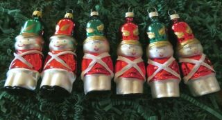 Set Of 6 Vtg Toy Soldier Shaped Glass Xmas Ornaments,  Colombia & Bradford