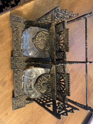 Vintage Eastlake Design Double Cast Iron And Glass Inkwell