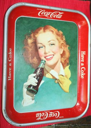 Vtg Coke - Coca Cola Have A Coke Metal Serving Tray - Red Head - Yellow Scarf - 13x10