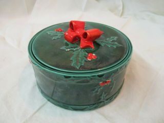 Vintage Ceramic Christmas Green & Red Candy Dish With Lid Holly