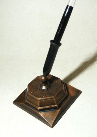 Antique Vtg Art Deco Fountain Pen Stand Holder Desk Set Arts & Crafts Copper - Ish