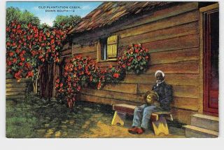 Ppc Postcard Black Amricana Plantation Cabin Down South Old Man Sitting On Bench