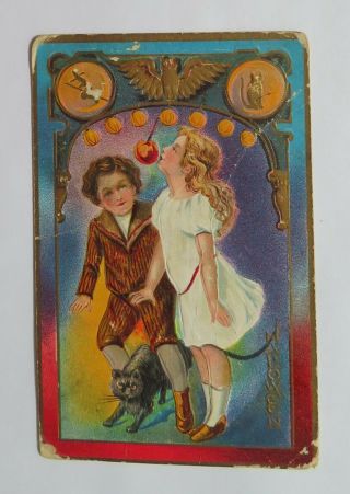 Vtg Halloween Postcard Boy & Girl Bobbing For Apples,  Witch,  Cats,  Owl