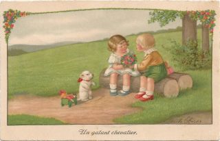 Pauli Ebner,  Children,  Child Couple On The Field With A Dog And Toy Doll,  Old Pc