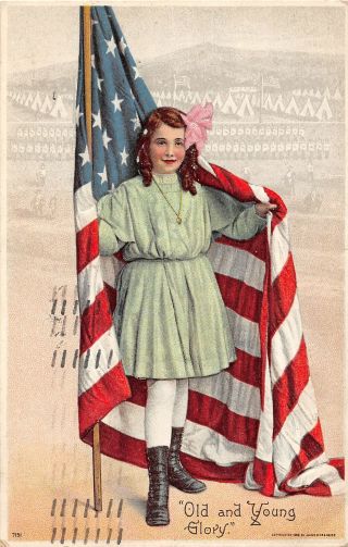 F64/ Patriotic Postcard C1910 Old And Young Glory Flag Girl 12
