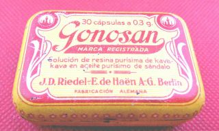 Vintage,  Medicine Tin,  Gonosan German Text & Title J.  D Riedel E.  De Haen A - G Berlin