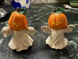 2 Cute Vintage Ceramic Halloween Ghosts With Pumpkin Heads Dancing Hand Painted