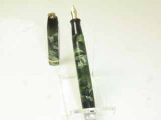 1930´s Unbranded Green Marbled Fountain Pen Flexy 14ct Ob Nib Serviced