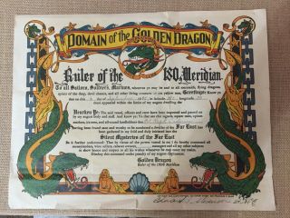 Ww2 1945 Certifcate Domain Of Golden Dragon For Crossing The Equator