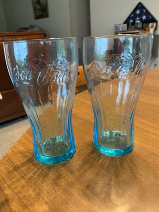 Set Of 2 Mcdonalds Coca Cola Coke Glasses 16oz 6” Teal Light Blue Glass