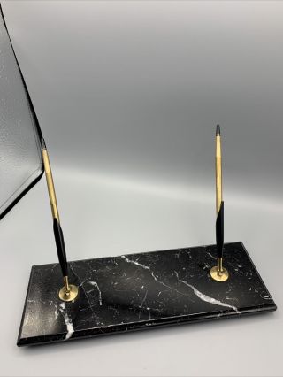 Vtg Cross Pen Set 1/20th 10k Gold Filled Desk Set W Black And Gray Marble Base