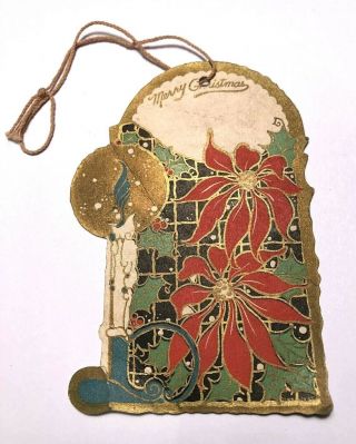 Lg 1920s Die Cut Dennison Art Deco Holiday Christmas String Gift Tag