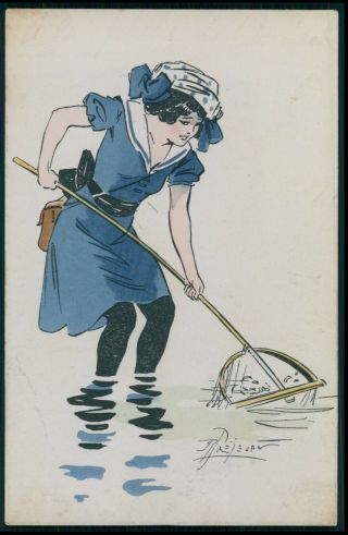 Art Prejelan Risque Sexy Bathing Beauty Fishing Net Old 1920s Postcard