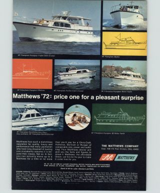 1972 Paper Ad Matthews Yacht Motor Boat 56 