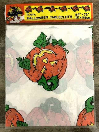 Vintage Halloween Plastic Tablecloth Pumpkins In Package 54 " X 72 " Nos