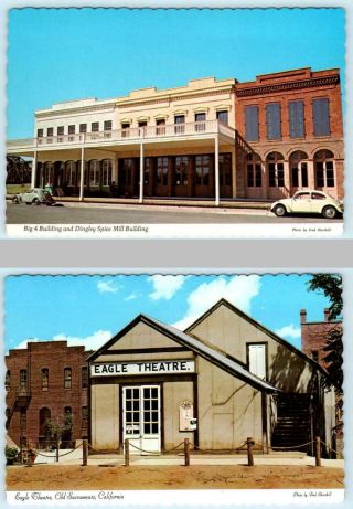 2 - 4 " X 6 " Postcards Old Sacramento,  Ca Eagle Theatre,  Dingley & Big 4 Bldg