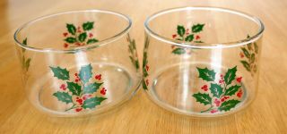 Set Of 2 Indiana Glass Holly Berry Bowl Serving Dish Candle Holiday Christmas