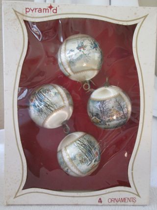 Vintage Box Of 4 Pyramid White Satin Currier & Ives Christmas Tree Ornaments