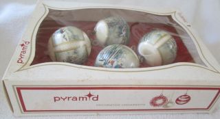 Vintage Box of 4 Pyramid White Satin Currier & Ives Christmas Tree Ornaments 2