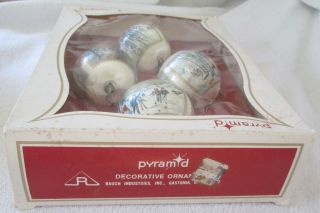 Vintage Box of 4 Pyramid White Satin Currier & Ives Christmas Tree Ornaments 3