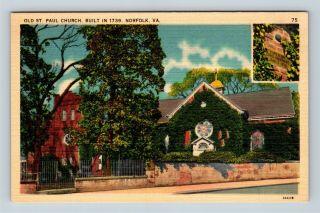 Norfolk Va,  Old St Paul Episcopal Church Cannonball Linen,  Virginia Postcard
