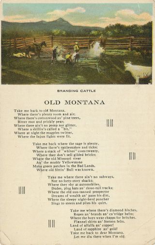Mt Old Montana Poem Post Card 1909 Branding Cattle Chas.  E.  Morris Pub.