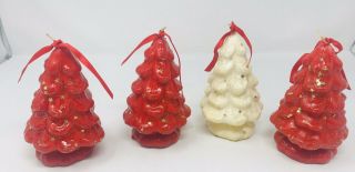 4 Vintage Robert Alan Christmas Tree Candles Hand Painted Red White Gold Glitter