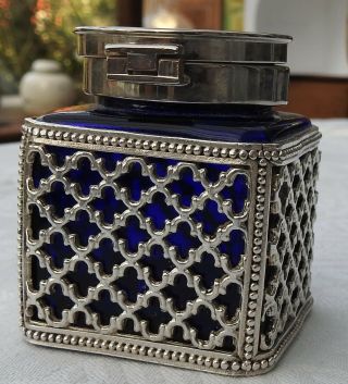 Vintage French Blue Glass Lidded Inkwell With Silver Plate Filigree Lattice Work