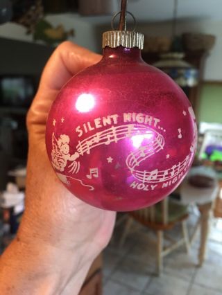 Vtg Shiny Brite Pink Angels Silent Night Holy Night Stencil Christmas Ornament