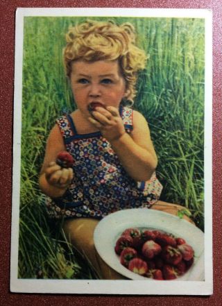 Old Russian Postcard 1958 Soviet Era Children.  Girl Eats Strawberries In Field