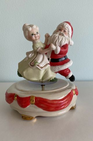 Vintage Musical Christmas Figurines Santa And Mrs.  Claus Dancing White Christnas