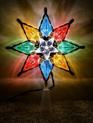Vintage Lighted Christmas Tree Topper 8 1/2 " Star Green Red Blue Gold Colorful