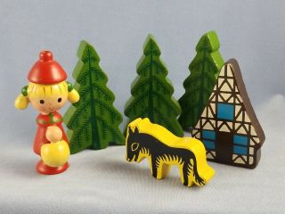 Six Wood Folk Art Diorama Figures Trees Chalet Little Girl Wolf Or Dog