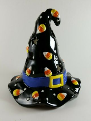 Witch Hat Tea Light Candle Holder Black With Candy Corn Raised Design