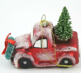 Blown Glass Christmas Ornament Red Truck Snow Tree Wreath