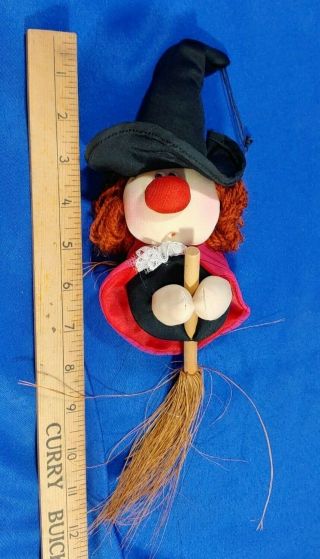 Vintage 70s Cloth Witch Halloween Tree Ornament Flying Hang Up Broom Retro Doll
