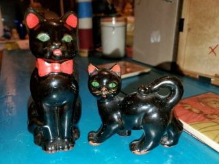 Vintage Clay Pottery Halloween Black Kitty Cat Green Eyes Figurine Set Of 2