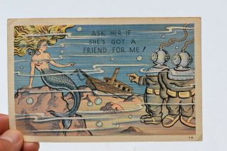 Old Fantasy Comic Postcard Depicting A Semi - Nude Mermaid And Two Diver