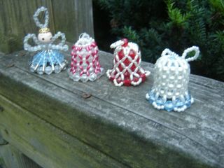 Set Of 3 Vintage Handmade Pearl Beaded Bells Christmas Ornaments Plus Angel