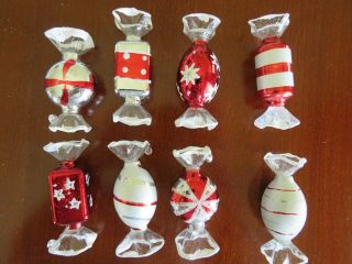 Set Of 8 Christmas Ornaments,  Glass,  Wrapped Candy Shape,  Red,  White,  3 "