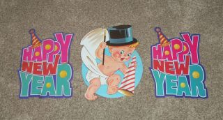 Vtg Eureka Diecut Happy Year Baby Tophat Cardboard Decorations 3 Pc