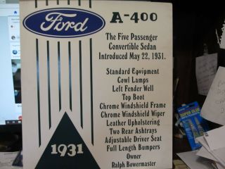 Ford A - 400 1931 Cardboard Sign Car Show Sign Five Passenger Convertible Sedan
