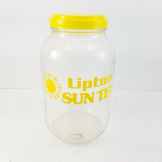Vintage Lipton Sun Tea Glass Gallon Jar Jug Yellow Ice Lid