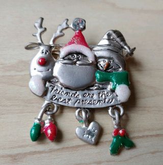 Christmas Friends Are The Best Presents Brooch Pin Santa Snowman Reindeer