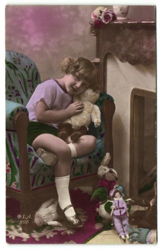 Sweet Girl With White Teddy Bear Dolls Bunny Old Photo Postcard