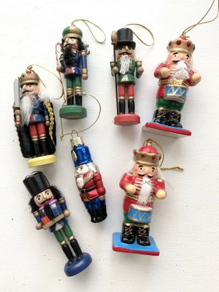 Vintage Nutcracker Soldier Christmas Ornament Set Wood And Glass