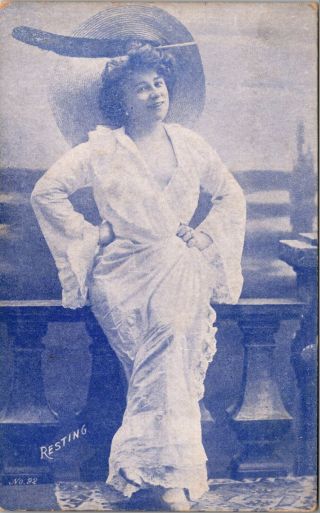 Resting - Woman Showgirl Old 1920s Tinted Blue Color Photo Postcard