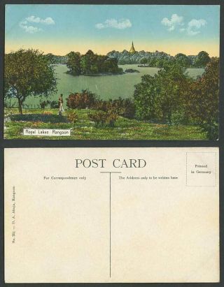 Burma Old Colour Postcard Royal Lakes,  Rangoon,  Pagoda Temple Small Islands Lake